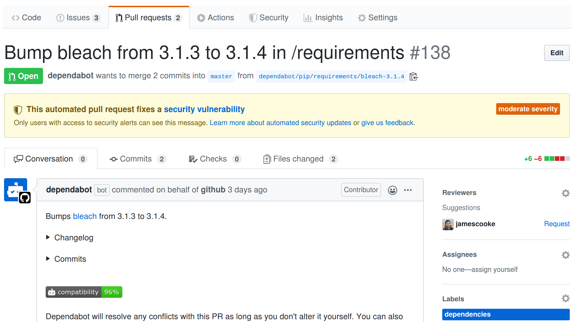 GitHub's Dependabot opened a PR to bump bleach in Flake8-AAA.